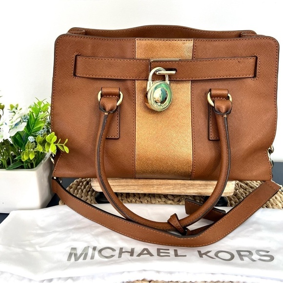 Michael Kors Hamilton Center Stripe Luggage Saffiano Satchel Crossbody Bag - Picture 2 of 16